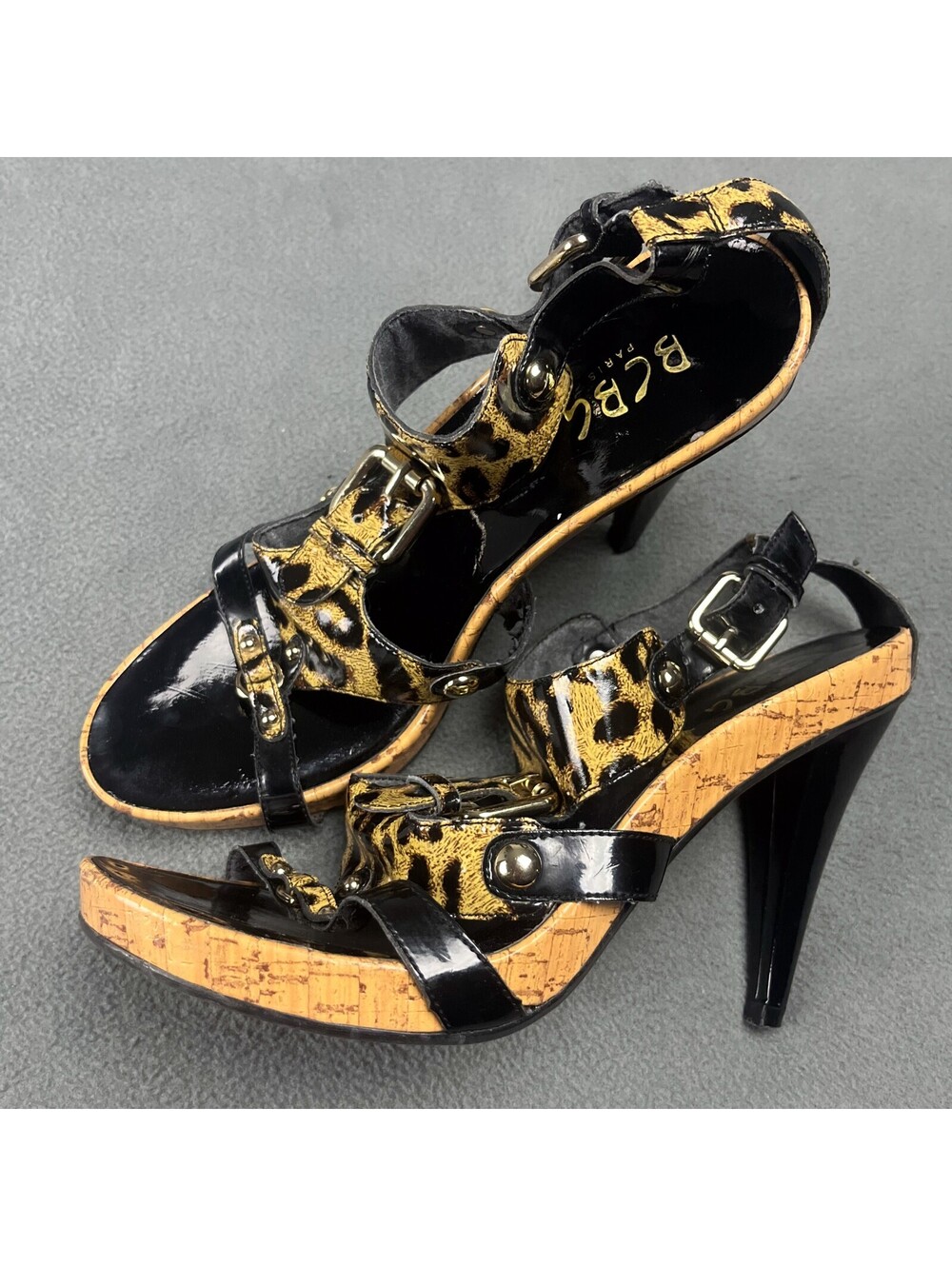 Y2K BCBG Paris Strappy Platform High Heels, Leopard Print, Buckles